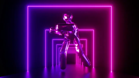 Cycled 3d animation, crystal man dancing on the stage illuminated Stock Footage 197465038