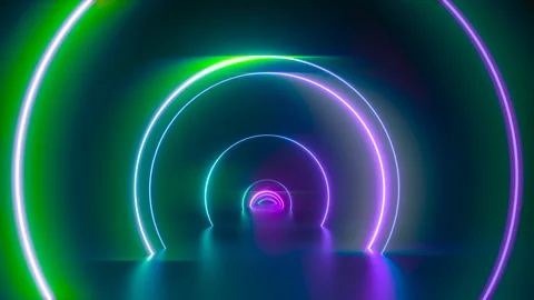 Cycled 3d animation, endless tunnel with round pink green arches. Stock Footage 201039337