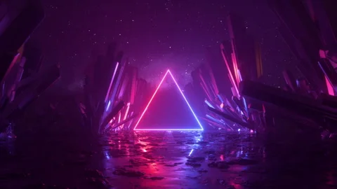 Cycled 3d animation, geometric triangular shape glowing with neon light Stock Footage 216766252