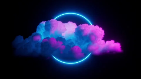 Cycled 3d animation. Glowing blue neon ring and spinning cloud Stock Footage 259705839