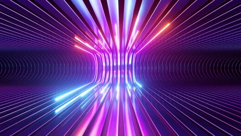 Cycled 3d animation. Glowing neon lines move inside the long metallic tunnel Stock Footage 242402841