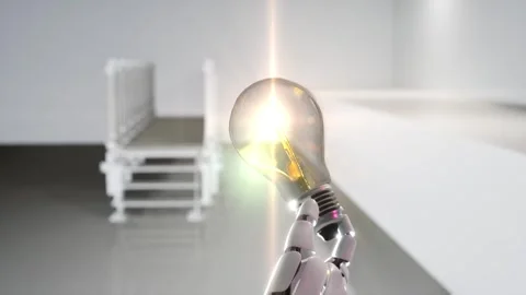 Cyclic Robot Hand Animation with Light Bulb Glowing On and Off in Darkness Stock Footage 291169052