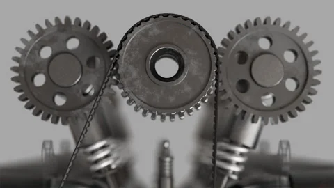 Cyclinder head mechanisms in motion featuring metal gears and springs Stock Footage 323325980