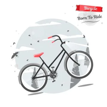 Cycling concept. Bicycle in nature. Vector bright illustration of Bike. Trendy Stock Illustration