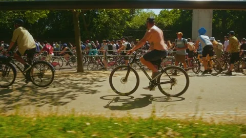 Cycling procession Dom Whiting Drum &amp; Bass On The Bike in London Stock Footage 246352612