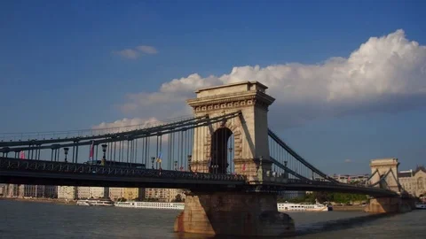 Cycling under Chain bridge, Budapest, Hungary Stock Footage 80976916