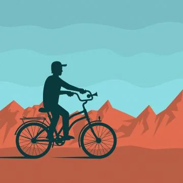 Cyclist on a background of red mountains Stock Illustration