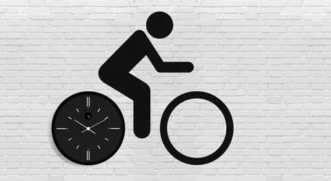 Cyclist on a bicycle with a clock and a dial in the form of bicycle wheels .. Stock Illustration