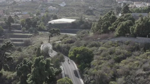 Cyclist in an empty mountain road with some curves and trees. Aerial view. Stock Footage 151223103
