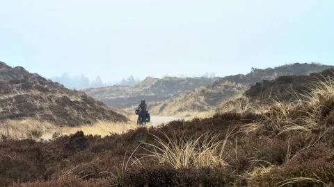Cyclist exploring a misty heathland landscape Video stock 339436963