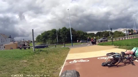 Cyclist Falls When Front Tire Bursts, Whitley Bay, England, UK - 06 Aug 2023 Video stock 320631692