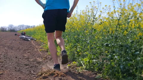 Cyclist on a flower field Video stock 89322346