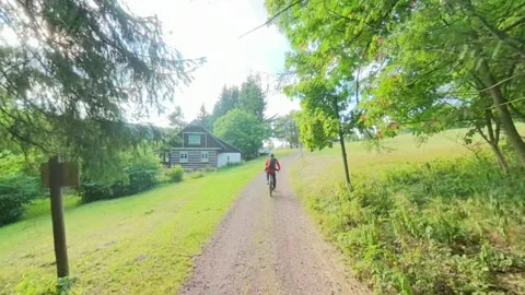 Cyclist forest chase with elevated landscape tracking Stock Footage 340772820