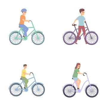 Cyclist icons set cartoon vector. People taking bicycle ride Stock Illustration