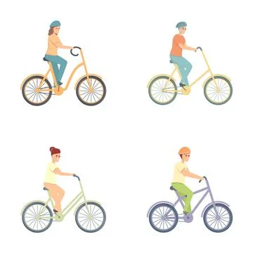 Cyclist icons set cartoon vector. People taking bicycle ride Stock Illustration