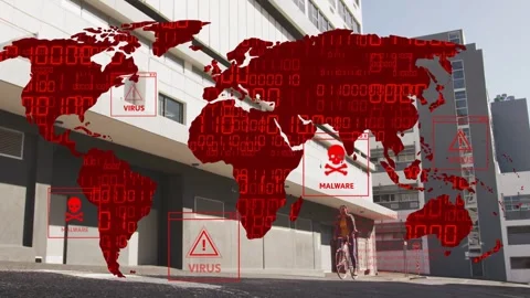 Cyclist pedaling under awning, activating security red map overlay with binary Stock Footage 334728961