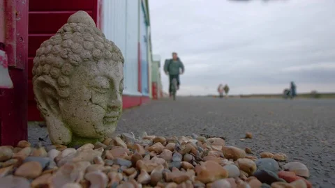Cyclist pulls up next to statue of buddha's head Stockbeeldmateriaal 84483421