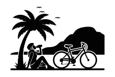 Cyclist Resting Under Palm Tree Silhouette Stock Illustration