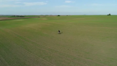 Cyclist rides quickly on a spring field. Video stock 130391723