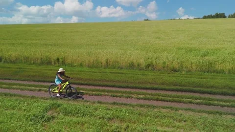 Cyclist rides on a rural path through lush fields on a sunny day Stock-Footage 291650956