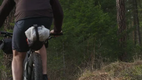 Cyclist rides through a forest clearing Video stock 90820605