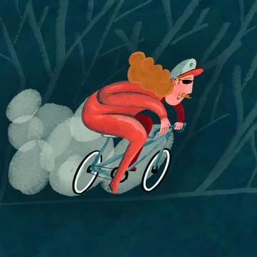 Cyclist riding bicycle in dark forest Stock Illustration