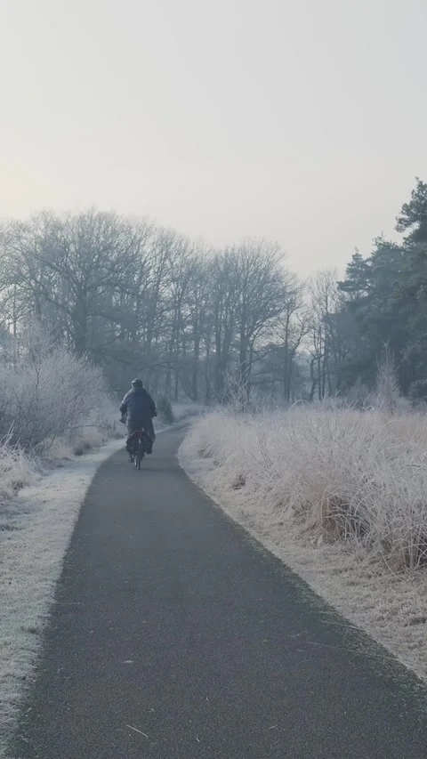 Cyclist riding bicycle on a path during a cold winter morning Stock Footage 327114522