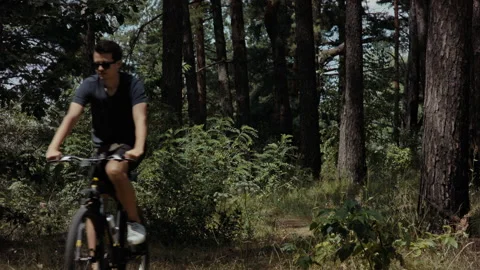 Cyclist Riding Bicycle Through Forest Path, Summer Adventure 動画素材 135809810