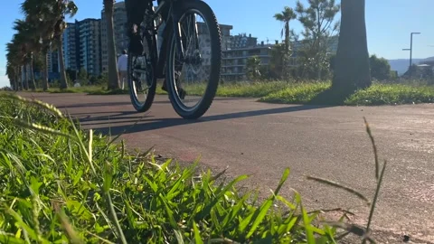 Cyclist riding low angle along a paved urban path Stock Footage 345361791