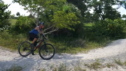Cyclist Rounds Trail Backlit Stock Footage 203308147