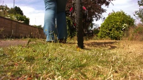 Cyclist walking with bicycle on grass path Stockbeeldmateriaal 345910636