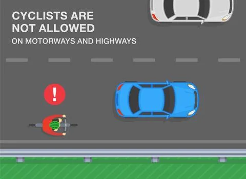 Cyclists are not allowed on motorway and highways. Cyclist riding bike. Top view Stock Illustration