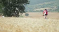 cyclists bicycles fun ride outdoors in nature, among the wheat fields,friend HD Footage