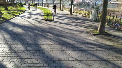 Cyclists on bikes and long shadows on the walkway along Buna river in Shkoder Stock Footage 233193480