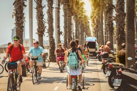 Cyclists cycle on a bicycle path by the sea Stock Photos
