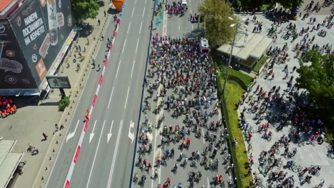 Cyclists at event start on Tsarigradsko Shose in Sofia Bulgaria 스톡 동영상 335069291