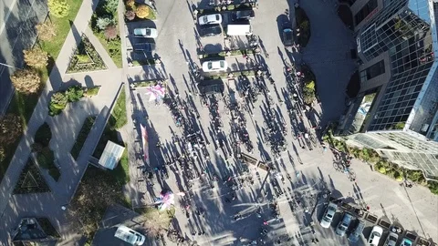 Cyclists gather at the start. Shooting with the drone. Lots of people. Stock Footage 97232272