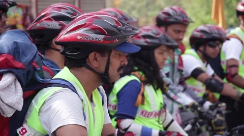 Cyclists getting ready for the long tour Stockbeeldmateriaal 45340707