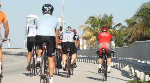 Cyclists going uphill on bridge on sunny day, palm trees &amp; skyline in horizon. Stock Footage 36640291