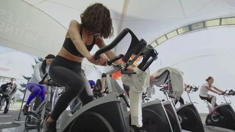 Cyclists Group Exercise Bike Simulator Sport Event Stock Footage 107565771