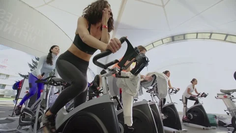 Cyclists Group Train Bike Simulator Sport Event. Stock Footage 107798019