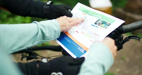 Cyclists Reading Map at Bicycle Handlebars, Outdoor Route Planning, Close Up Stock Footage 340084500