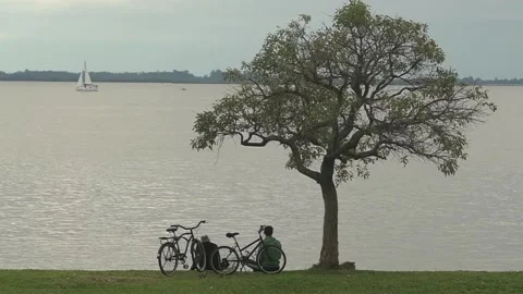 Cyclists resting on the riverbank Stock Footage 158397059