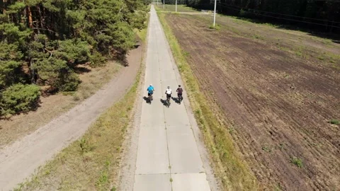 Cyclists ride along an empty road in a wooded area, aerial view, Top Down View Stock Footage 217831377