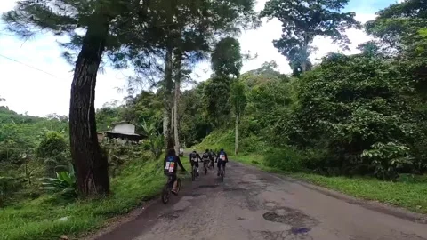 Cyclists Riding Along a Green Forest Road in Rural Countryside, Indonesia. Stock Footage 345153545