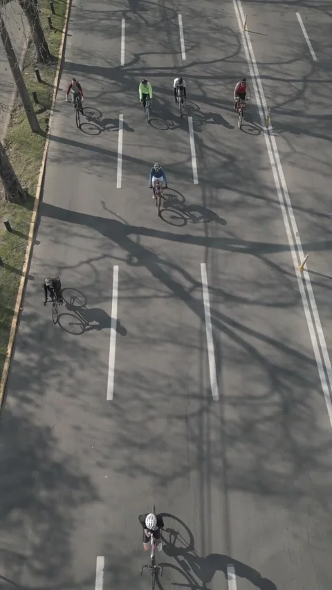 Cyclists Riding Down Road Passing Contrasting Shadows - Flat Aerial Vertical HD Stock Footage 309331352