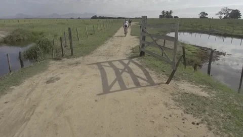 Cyclists riding their bikes through a rural landscape, past lakes and pastures. Stock Footage 216237770