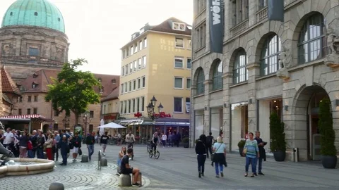 Cyclists Riding Through City Centre, Nuremberg, Germany Stock Footage 82761118