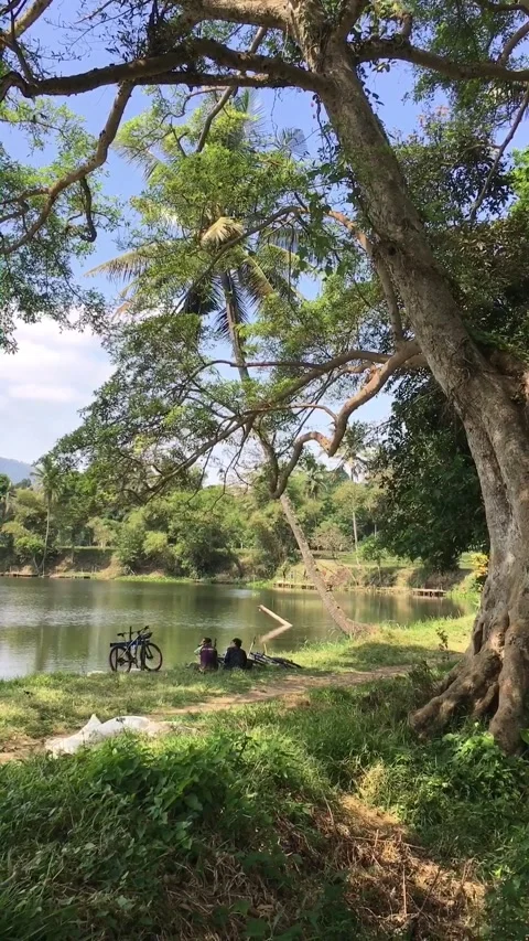 Cyclists Taking a Break by a Lake in Garut, West Java, Indonesia Видео 343560894