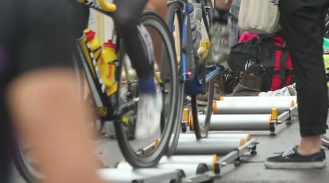Cyclists warm up prior Stock Footage 50961111